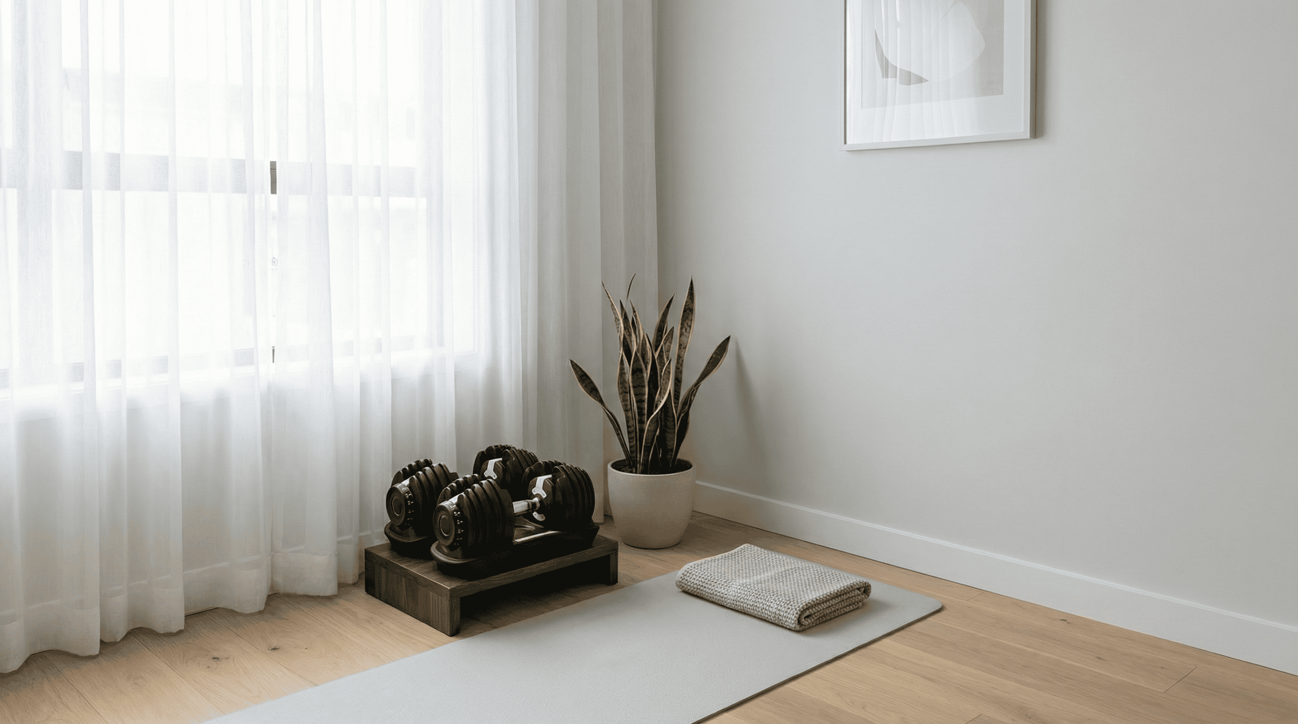 adjustable dumbbells in small apartment home gym setup