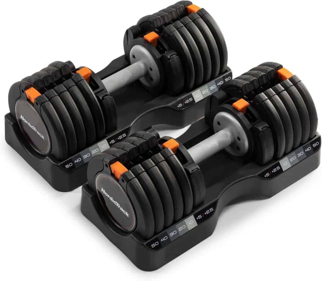 NordicTrack Select-A-Weight adjustable dumbbells with tray