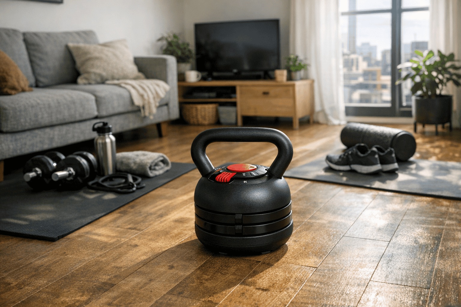kettlebell workout setup in small apartment home gym