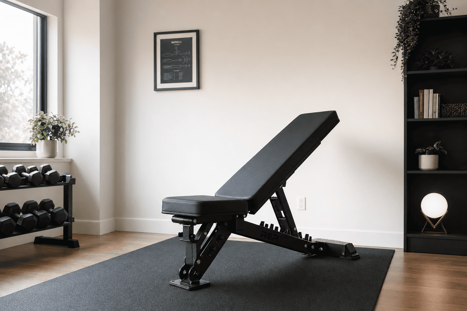 adjustable weight bench in home gym setup for strength training